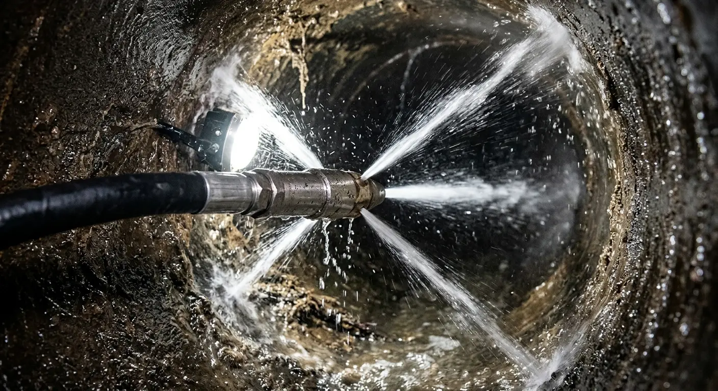 High-pressure hydro jetting nozzle cleaning sewer pipe for Trenchless Sewer Repair in San Dimas
