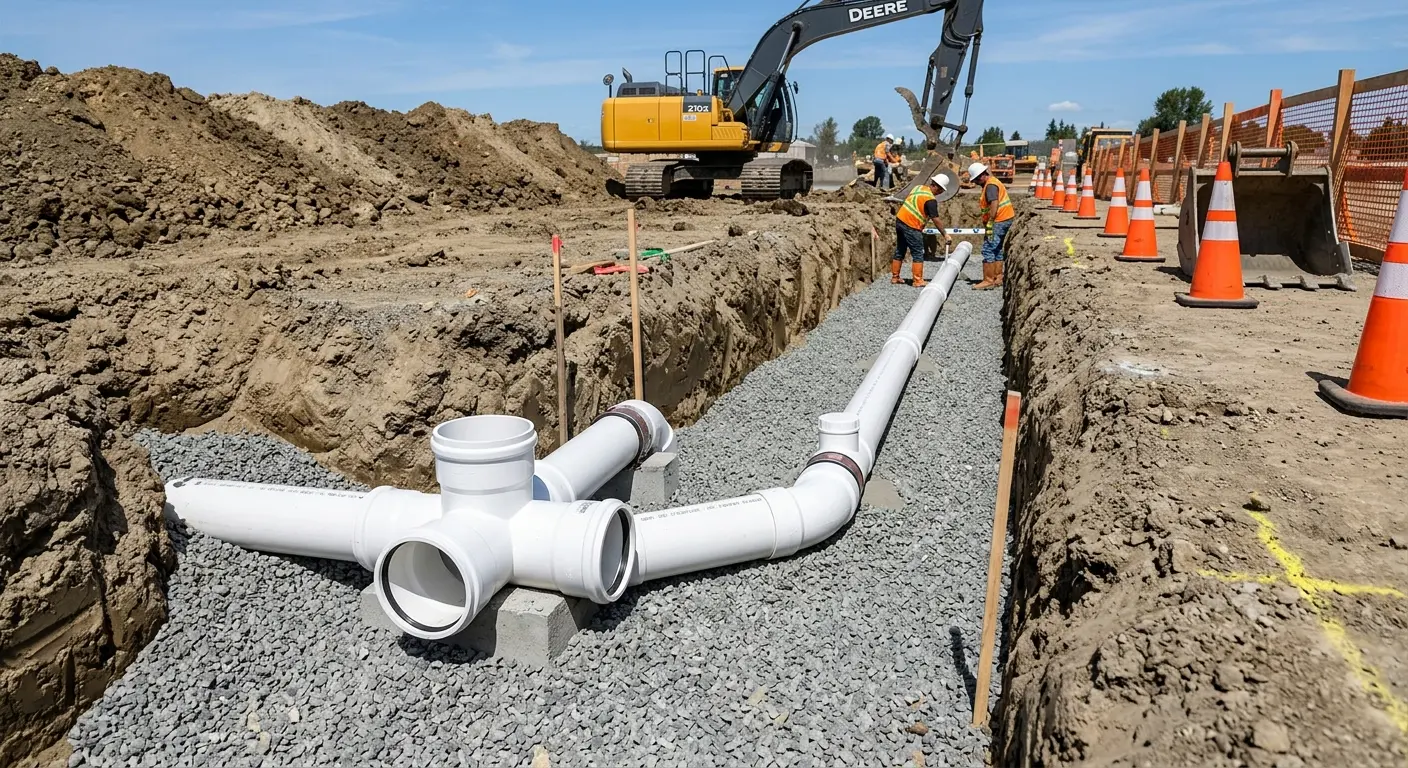 New PVC sewer pipe installation in open trench for Commercial Drain Cleaning in San Dimas