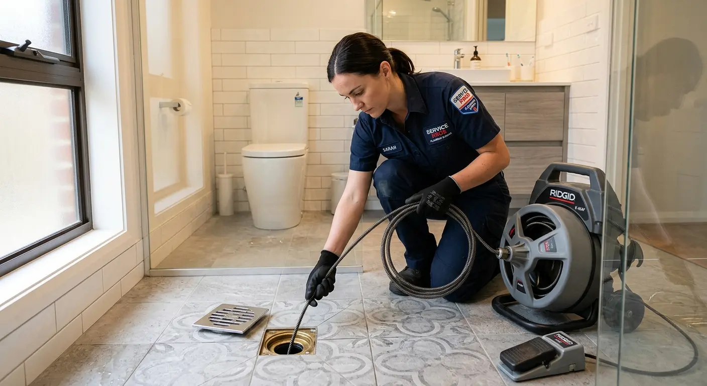 Technician clearing a bathroom floor drain for Sewer Line Replacement in San Dimas